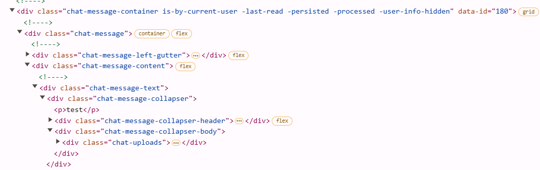 图像显示了由各种嵌套 div 元素构成的 HTML 代码片段，其中包括一个带有“flex”和“grid”等 class 属性的聊天消息容器。（由 AI 标注）