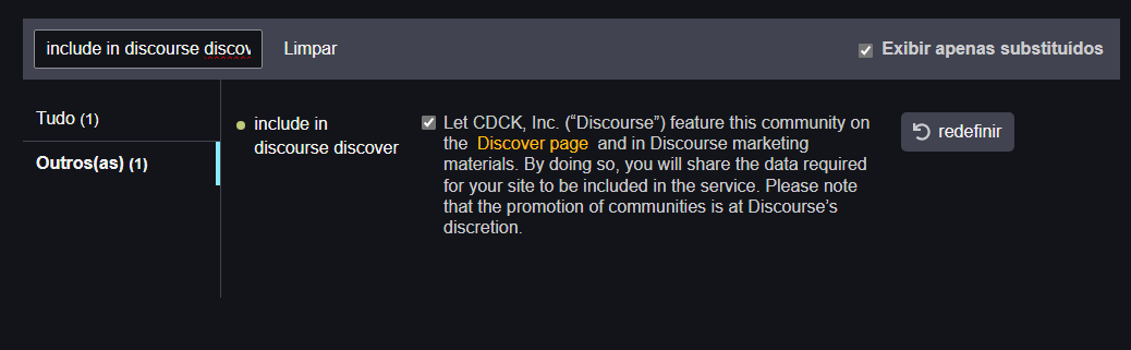 La imagen muestra una casilla de verificación en la interfaz de un sitio web llamado "Discourse", donde puedes elegir incluir a la comunidad en las páginas "Discover" y los materiales de marketing de CDCK, Inc., respetando la discreción de la empresa en la promoción de comunidades. (Subtitulado por IA)