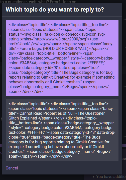 L'immagine mostra una pagina web contenente frammenti di codice HTML per gli argomenti "La tua domanda" e "La tua risposta" in un'area di testo in cui gli utenti possono inserire interazioni del forum, inclusi bug report relativi a un servizio Gimkit Creative. (Sottotitolato dall'IA)