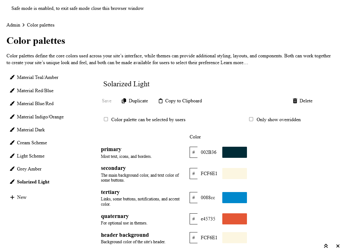 The image shows the "Color palettes" settings for "Solarized Light" mode, detailing options for primary, secondary, tertiary, quaternary colors, and header background colors, as well as features such as saving and duplicating color palettes. (Captioned by AI)