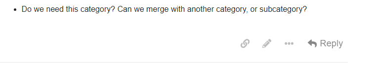 L'image est une capture d'écran d'une zone de commentaire avec une invite pour fusionner des catégories ou des sous-catégories, comportant un bouton de réponse et un lien de partage. (Légendé par l'IA)