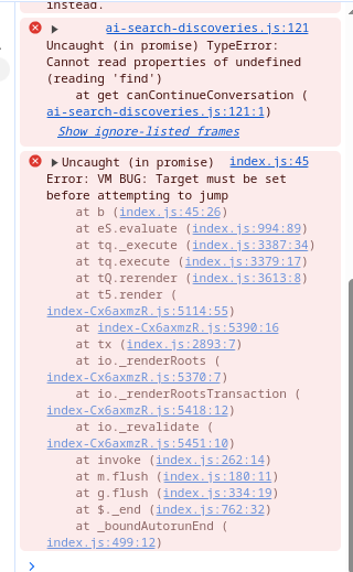 Eine VSCode-Ausgabekonsole, die Fehlermeldungen im Zusammenhang mit nicht abgefangenen Promise-Typfehlern und VM-Bugs anzeigt, die während der Ausführung der Skripte 'ai-search-discoveries.js' und 'index.js' aufgetreten sind. (Beschriftet von KI)