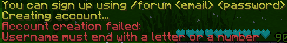 Das Bild zeigt einen Benachrichtigungsbildschirm mit der Meldung „Account-Erstellung fehlgeschlagen: Benutzername muss mit einem Buchstaben oder einer Zahl enden“ auf grünem Hintergrund und im Pixel-Stil. (Beschriftet von KI)