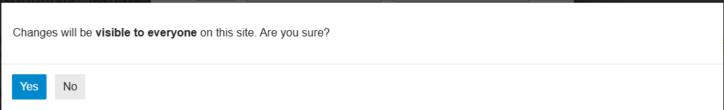 The image displays a confirmation prompt with the question "Changes will be visible to everyone on this site. Are you sure?" with "Yes" highlighted in blue and "No" in gray, asking for user confirmation to proceed. (Captioned by AI)