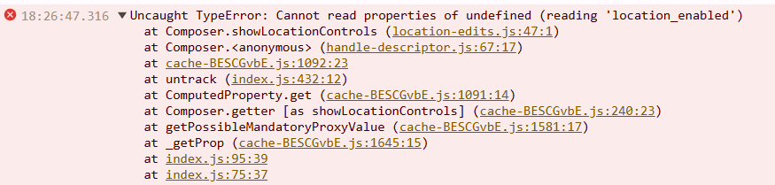 Das Bild zeigt eine TypeError-Traceback mit der Meldung „Cannot read properties of undefined (reading 'location_enabled')“ im Zusammenhang mit dem Chrome-Standortsteuerungsmanager. (Beschriftet von KI)