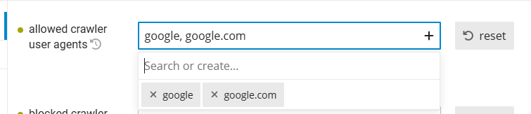 Das Bild ist ein Screenshot einer Einstellungsseite mit Optionen für erlaubte und blockierte Crawler-User-Agents, mit Such- oder Erstellungsfunktionalität. (Beschriftet von KI)
