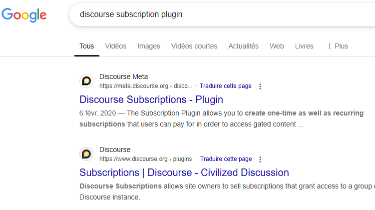 Das Bild ist ein Screenshot von Google-Suchergebnissen für „discourse subscription plugin“. (Beschriftet von KI)