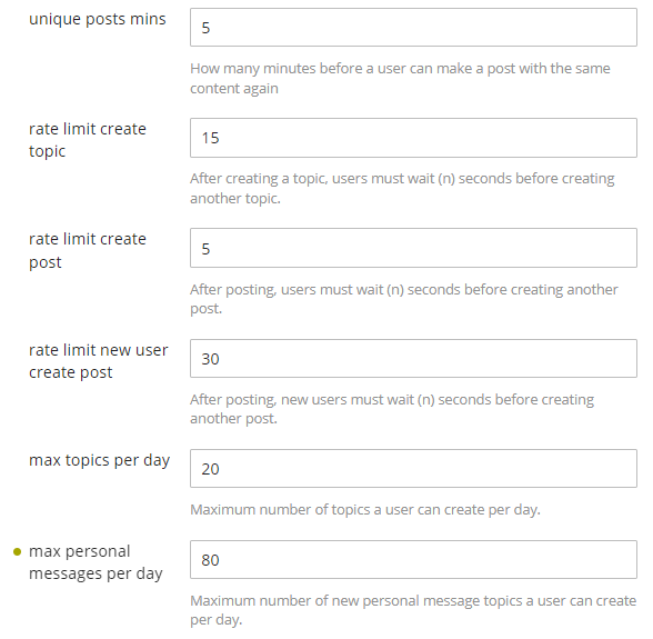 A imagem exibe várias configurações de limitação de taxa relacionadas à criação de posts, tópicos e mensagens pessoais em um fórum ou site, especificando parâmetros como o intervalo mínimo de tempo entre ações e o número máximo de ações permitidas por dia. (Legenda da IA)