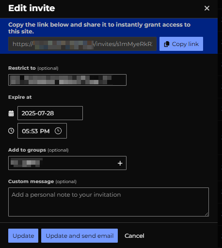 This image displays an interface for creating an online meeting invite with options to copy the link, restrict access, set an expiration date and time, add to groups, and include a custom message. (Captioned by AI)