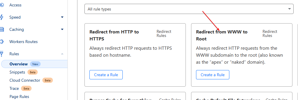 A imagem mostra uma interface de configuração da web com opções para criar regras para redirecionar HTTP para HTTPS e do subdomínio WWW para a raiz, ambos marcados como recursos beta. (Legenda gerada por IA)