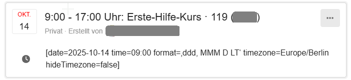 L'image affiche un événement de calendrier pour Erste-Hilfe-Kurse de 9h00 à 17h00 le 14 octobre, avec un code-barres crypté et un lien de connexion vers la source. (Légendé par l'IA)