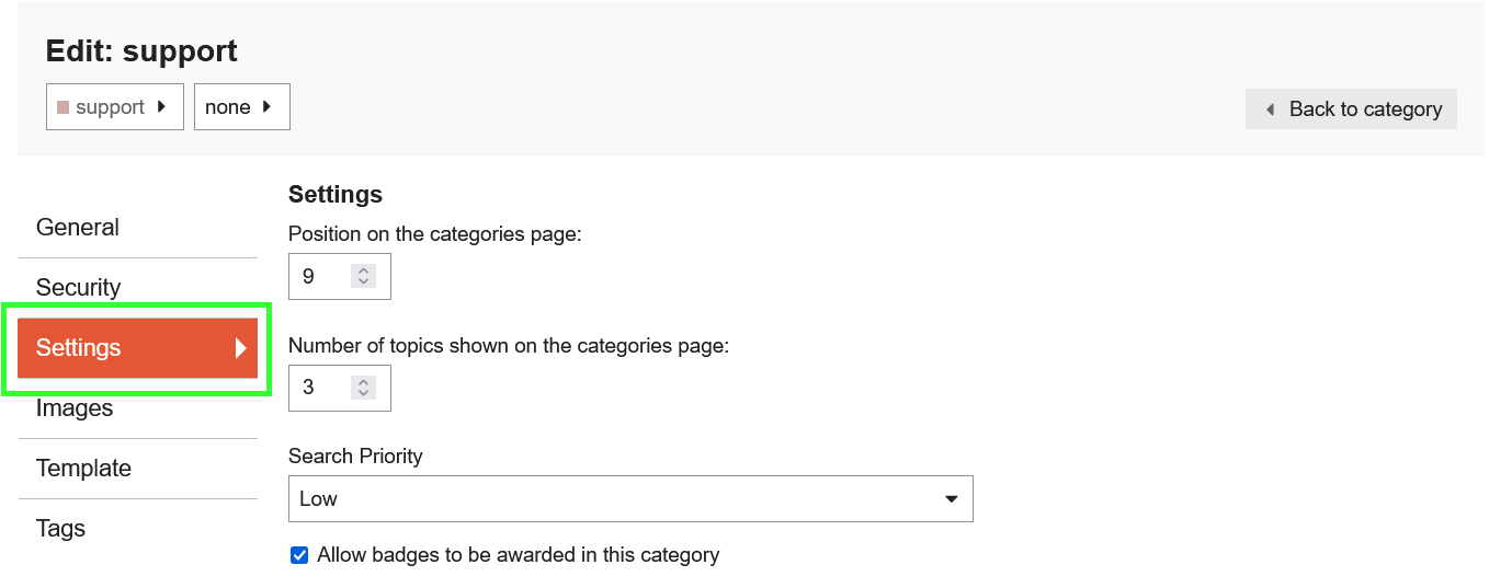 Category Settings Tab