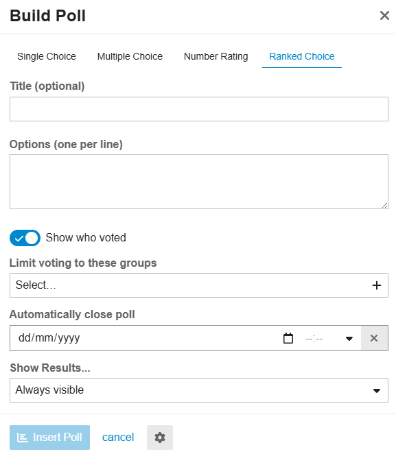 La imagen muestra una interfaz de usuario para crear una encuesta de elección clasificada con opciones para personalizar la configuración y las vistas de votación. (Subtitulado por IA)
