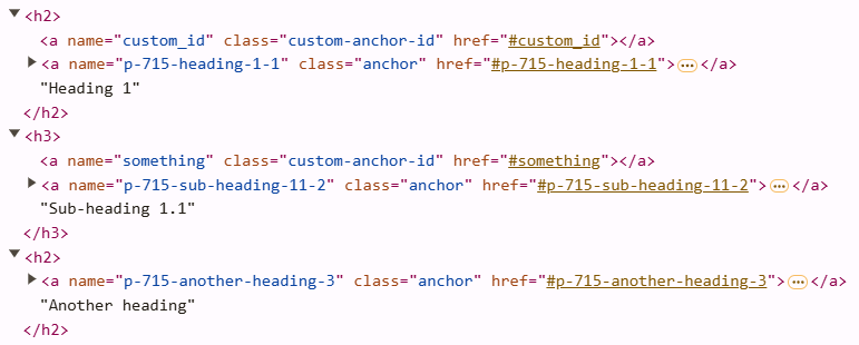 Das Bild zeigt einen HTML-Snippet mit verschachtelten - und -Tags, die benutzerdefinierte Ankerreferenzen für klickbare Abschnitte mit den Titeln „Überschrift 1“, „Unterüberschrift 1.1“ und „Eine weitere Überschrift“ enthalten. (Beschriftet von KI)