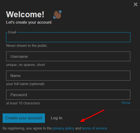 account creation modal