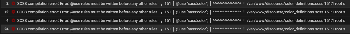 A imagem exibe quatro logs de erro de compilação em um arquivo SCSS devido a regras de importação não resolvidas para "sass:color" antes de quaisquer outras regras, identificadas na linha 151. (Legenda por IA)