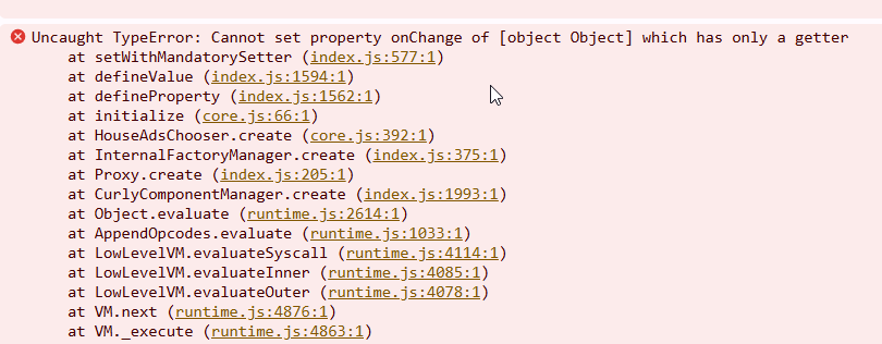 L'immagine mostra un messaggio di errore JavaScript che indica un TypeError relativo all'impostazione di una proprietà su un oggetto con solo un getter. (Didascalia dell'IA)