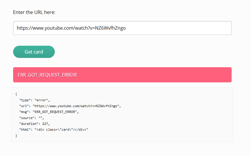 El mensaje de error de la interfaz web de un vídeo de YouTube con una pancarta roja que dice "ERR_GOT_REQUEST_ERROR" y muestra un objeto de error JSON debajo. (Subtitulado por IA)