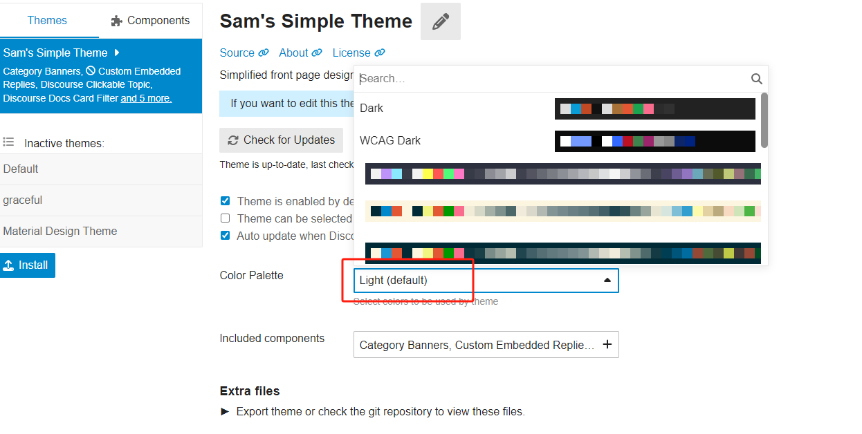 A webpage displaying options for customizing a theme with different color palettes. (Captioned by AI)