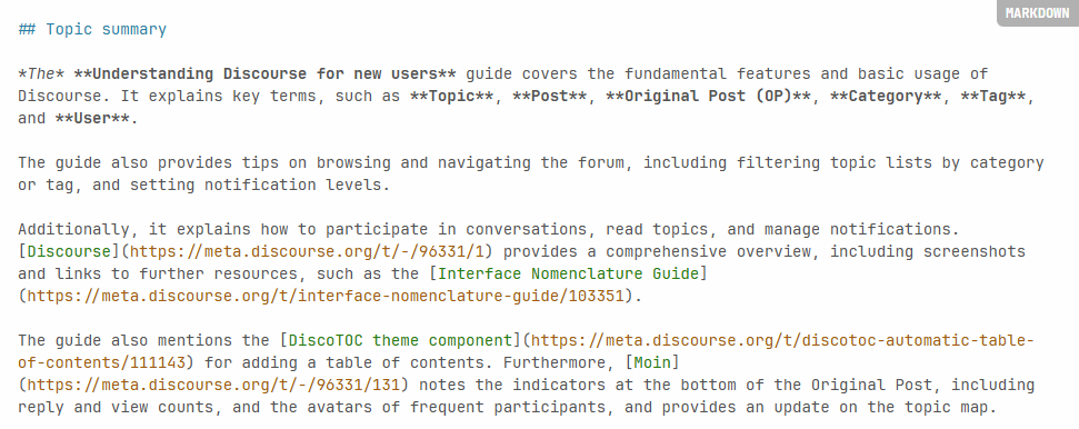 Un texto de markdown que detalla una guía de "Entendiendo Discourse**" para nuevos usuarios, que cubre características esenciales, consejos de navegación, participación y acceso a recursos adicionales en un foro de Discourse. (Subtitulado por IA)