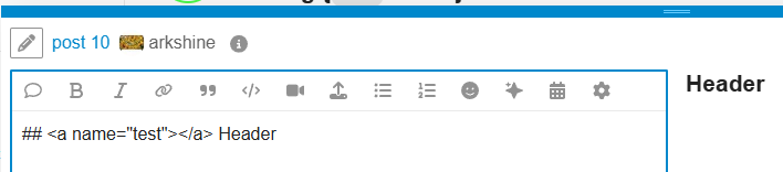 Das Bild zeigt ein Browserfenster mit einem geöffneten Textfeld „Header“, das HTML-Code enthält: „<<“ gefolgt von „<a name="test">Header</a>“. (Beschriftet von KI)