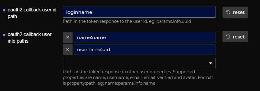 Une capture d'écran montrant les options pour les chemins d'informations utilisateur de rappel OAuth 2. (Légendé par l'IA)