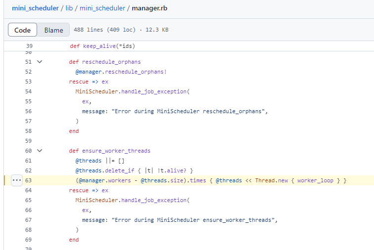 图片显示了一部分 Ruby 代码，其中包含 keep_alive 和 ensure_worker_threads 等特定函数，表明它与任务调度程序有关。(由 AI 标注)