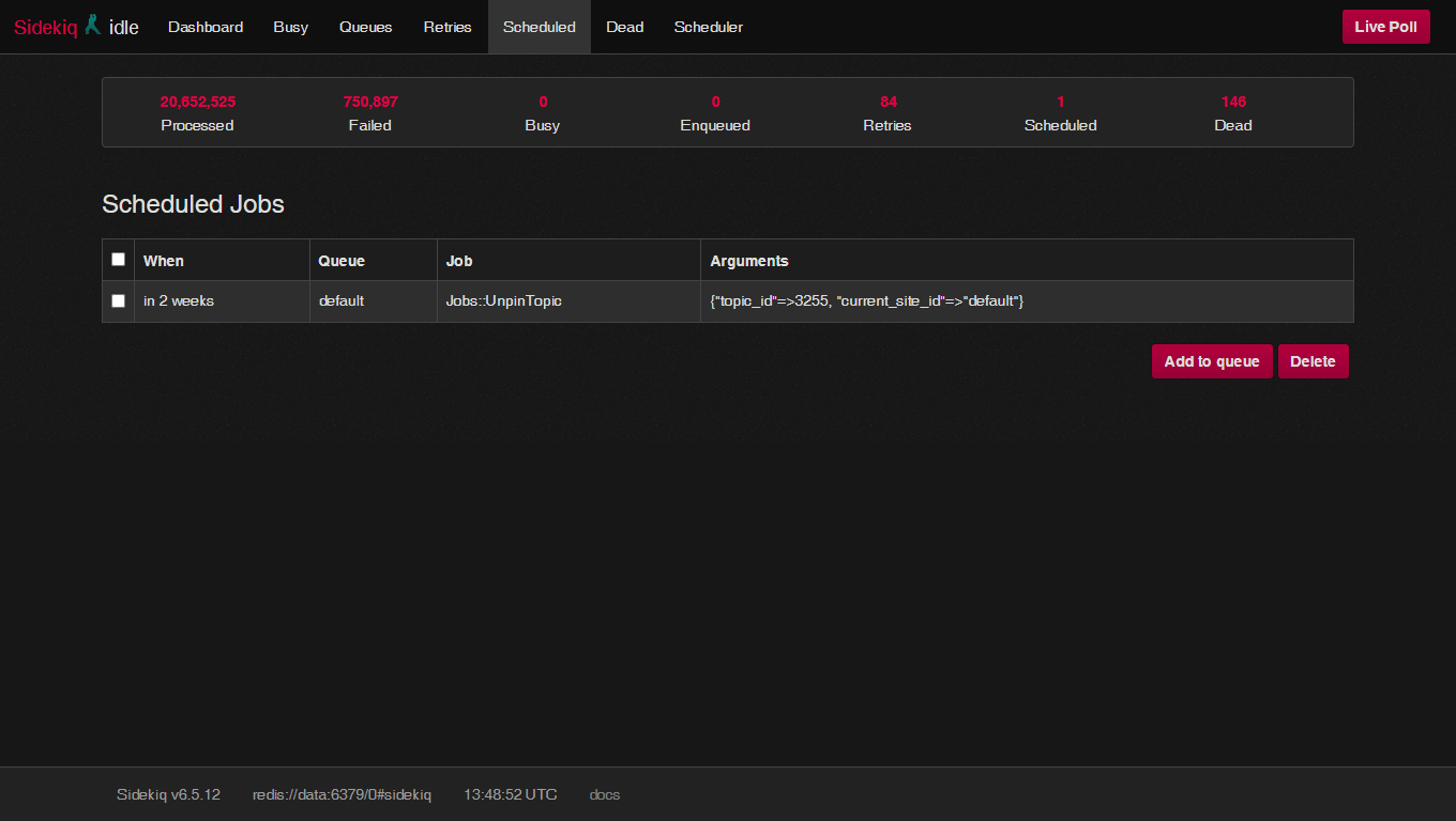 The image is a screenshot of a dashboard displaying statistics for a queue management system, including processed jobs, failed jobs, and scheduled jobs with their respective statuses and arguments. (Captioned by AI)