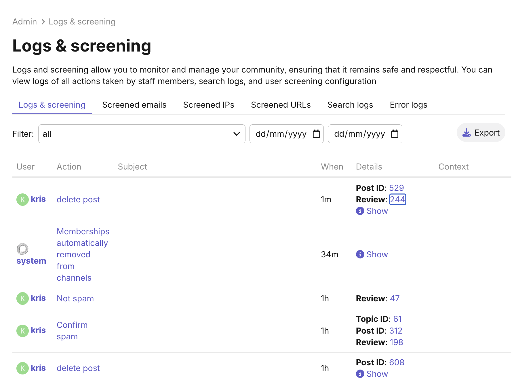 Staff action logs now link to originating reviewable