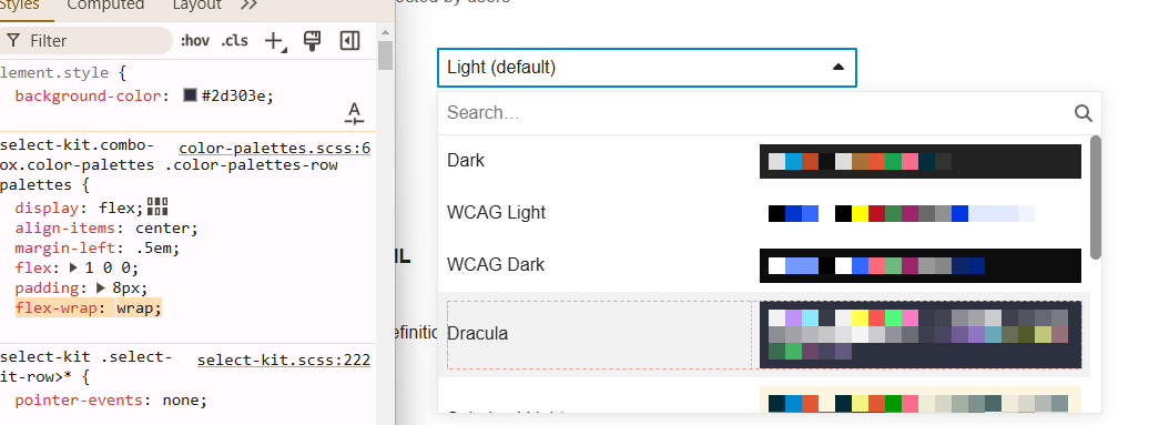 The image shows a selection menu for customizing the color palettes in a software with options like Light (default), Dark, WCAG Light, WCAG Dark, Darcula, and finite, with various color highlights indicated on both the menu and the editing software interface. (Captioned by AI)