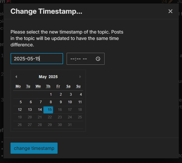 A screenshot showing a dialogue box titled "Change Timestamp" with various elements for setting a new timestamp for a topic, including a date picker and a "change timestamp" button. (Captioned by AI)
