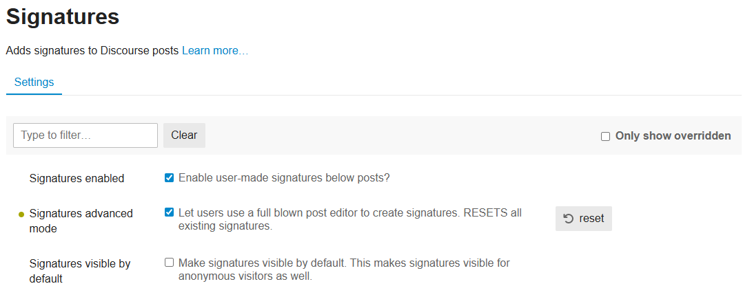 The image shows the "Signatures" settings page in a software interface, with options for enabling signatures, allowing user-created signatures, and making signatures visible by default. (Captioned by AI)