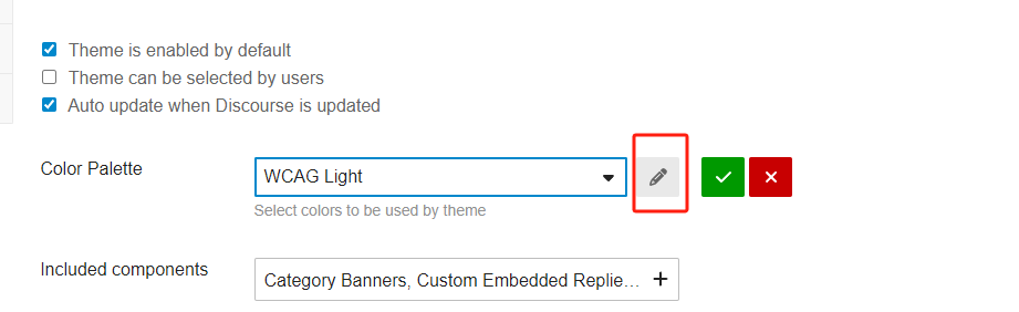 The image shows a settings page for a website theme with options for color palettes and included components. (Captioned by AI)