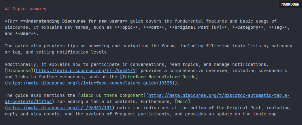 Esta imagen muestra un documento de GitHub Markdown que resume una guía de Discourse sobre el uso de Discourse, que cubre términos y características clave, además de enlaces a recursos y herramientas. (Subtitulado por IA)