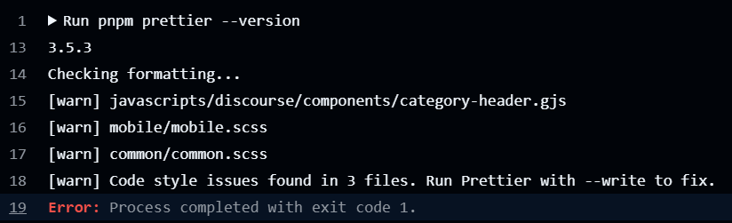 Une fenêtre de terminal affiche la sortie de l'exécution de la commande , suivie d'avertissements sur des problèmes de style de code dans plusieurs fichiers et d'une erreur indiquant que le processus s'est terminé avec un code de sortie de 1. (Légendé par l'IA)