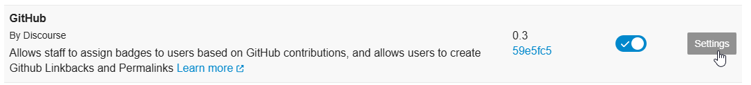 L'immagine è uno screenshot di una pagina delle impostazioni di GitHub che mostra un'app chiamata "GitHub" di Discourse che consente allo staff di assegnare badge agli utenti in base ai contributi, e consente anche agli utenti di creare link e permalinks di GitHub. (Didascalia dell'IA)