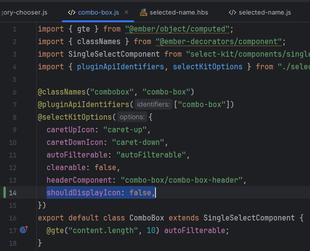 L'immagine mostra una finestra aperta di un editor di codice che visualizza un file JavaScript denominato  con importazioni e definizioni di classe relative a un componente denominato . (Didascalia dell'IA)