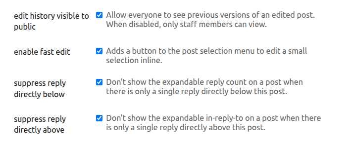 The image displays a set of configurable options for a post management interface, including controls for edit history visibility, fast edit functionality, and reply suppression in the reply count of posts. (Captioned by AI)
