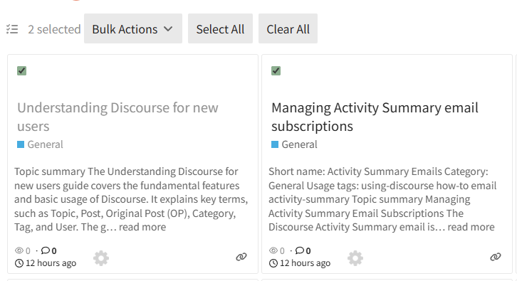 The image shows a spreadsheet with two selected columns titled "Understanding Discourse for new users" and "Managing Activity Summary email subscriptions," both marked as general topics, each containing a short summary. (Captioned by AI)