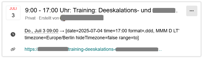 This image displays a digital calendar event notification for a training session on de-escalation techniques from 9:00 to 17:00 on July 3rd, with some information obscured for privacy. (Captioned by AI)