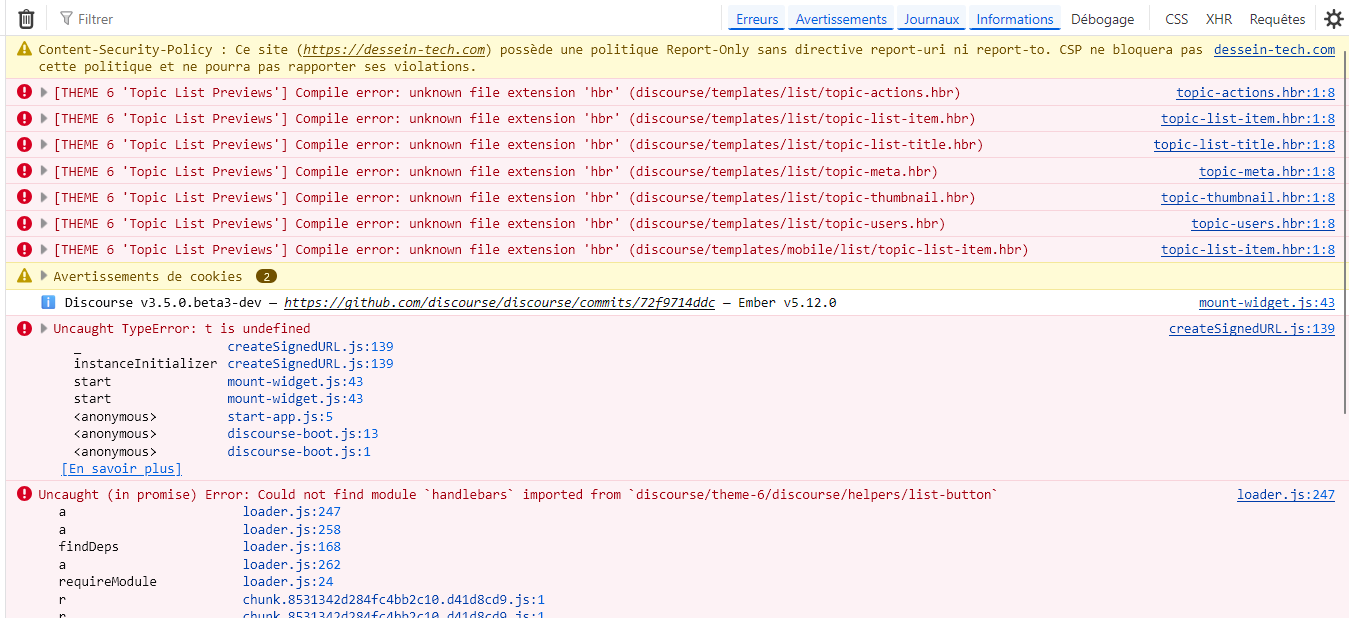 L'image affiche une page Web avec une variété de messages d'erreur, y compris des violations de la politique de sécurité du contenu, des extensions de fichiers inconnues, des erreurs de type non capturées et des modules manquants, dans un journal de console de navigateur. (Légendé par l'IA)