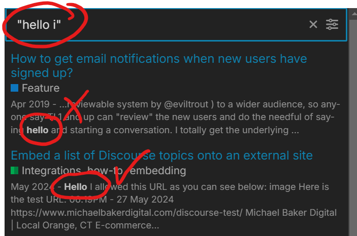 L'image est une capture d'écran mettant en évidence un brouillon d'e-mail avec le texte « hello i » entouré en rouge, et discutant des notifications par e-mail et de l'intégration de l'incorporation de sujets Discourse. (Légendé par l'IA)
