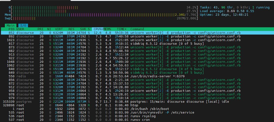 Dieses Bild ist ein Screenshot eines Kommandozeilenterminals eines Unix-ähnlichen Betriebssystems, das die Ausgabe eines laufenden "discourse"-Prozesses mit verschiedenen Prozessdetails, Systeminformationen und ausgeführten Befehlen anzeigt. (Beschriftet von KI)