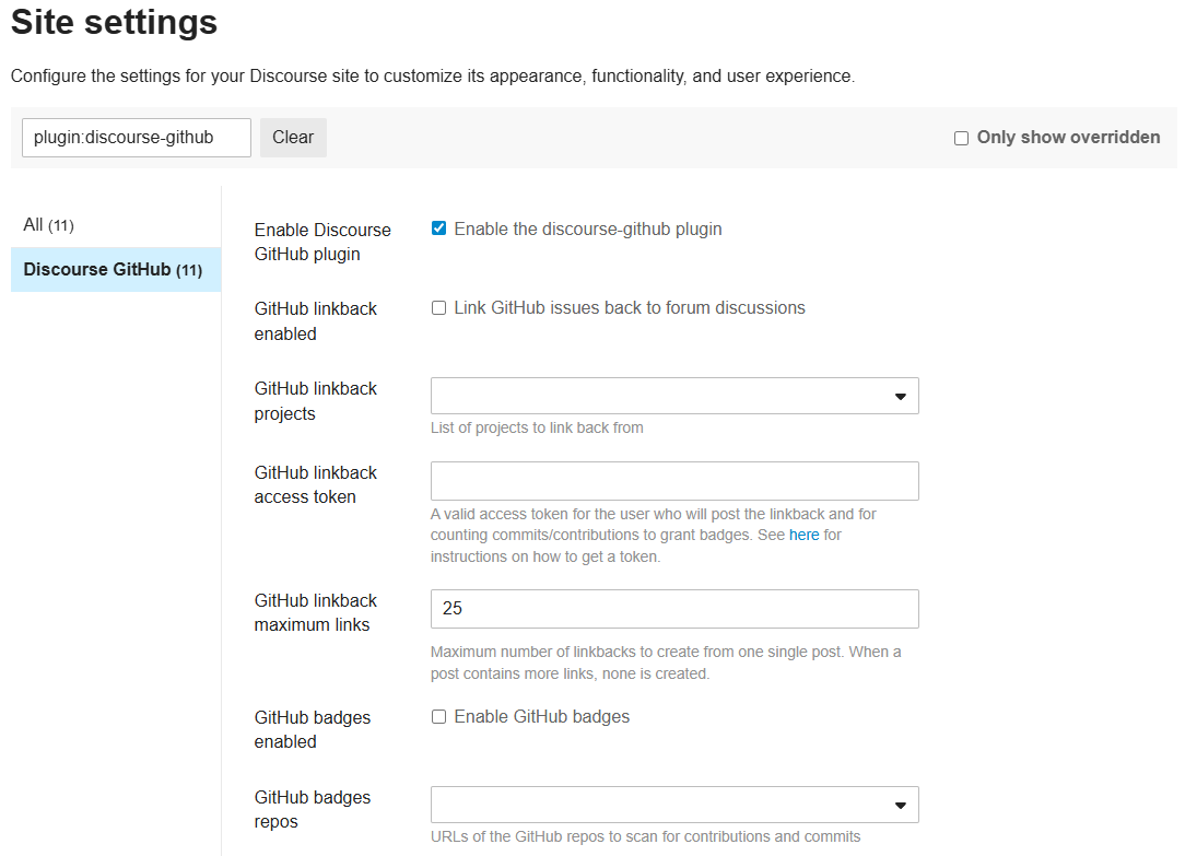 L'immagine mostra le "Impostazioni del sito" per un plugin Discourse Github, dove agli utenti viene chiesto di abilitare il plugin Discourse Github e configurare opzioni come i progetti di linkback di GitHub, il numero massimo di link per post e abilitare i badge di GitHub per i contributi. (Didascalia dell'IA)