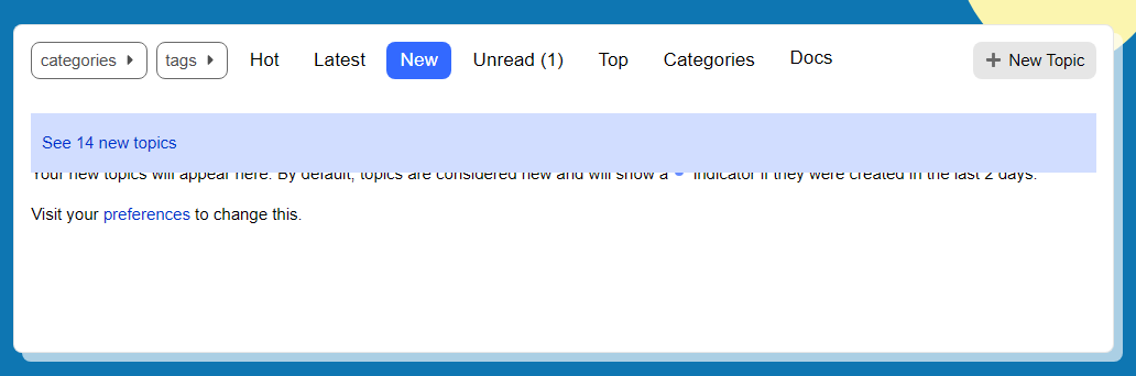L'image montre une interface utilisateur d'un forum web avec des onglets de navigation tels que Catégories, Tags, Chaud, Dernier, Nouveau, Non lu, Top, Catégories, Docs, et un bouton pour créer un Nouveau Sujet, y compris un message de notification sur les nouveaux sujets disponibles. (Légendé par l'IA)