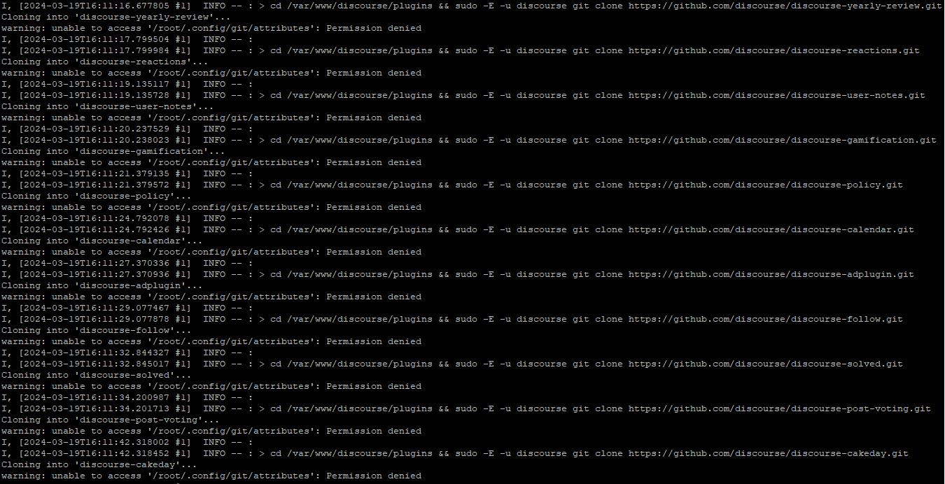 A Snippet of the Rebuild Logs showing "Permission Denied" errors when plugins are being cloned.