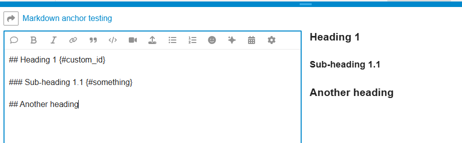 Die Benutzeroberfläche eines Markdown-Editors mit verschiedenen Symbolen für HTML- und Markdown-Formatierung und einer erweiterten Überschriftenliste mit Überschrift 1, Unterüberschrift 1.1, einer weiteren Überschrift und benutzerdefinierten HTML-Entitätssymbolen in der Symbolleiste. (Beschriftet von KI)