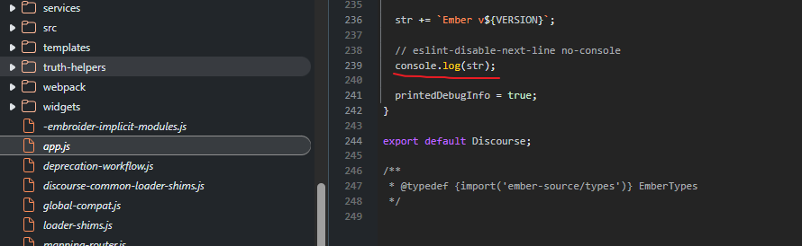 Die Abbildung zeigt einen Codeausschnitt in einem Texteditor, der JavaScript-Dateien für eine Projektstruktur organisiert, mit einem hervorgehobenen Abschnitt, der die Protokollierung der Ausgabe betrifft. (Beschriftet von KI)