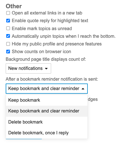 Questa immagine mostra varie impostazioni e opzioni relative alle notifiche del browser, tra cui l'abilitazione della risposta alle citazioni per il testo evidenziato, lo sgancio automatico degli argomenti quando si raggiunge il fondo, la visualizzazione dei conteggi sull'icona del browser e le opzioni per la gestione delle notifiche di promemoria dei segnalibri. (Didascalia dell'IA)