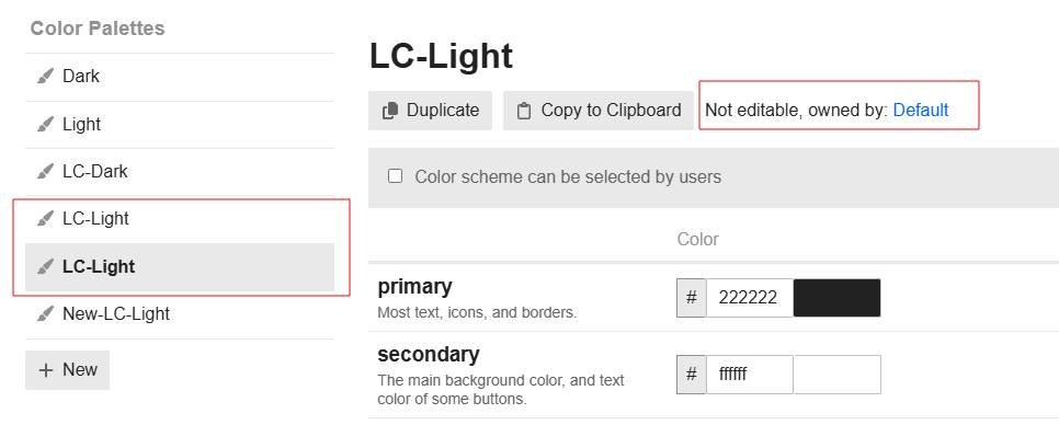 此图片显示了 LC-Light 网站的“颜色主题”页面，该页面不可编辑且为默认所有权。(由 AI 添加字幕)